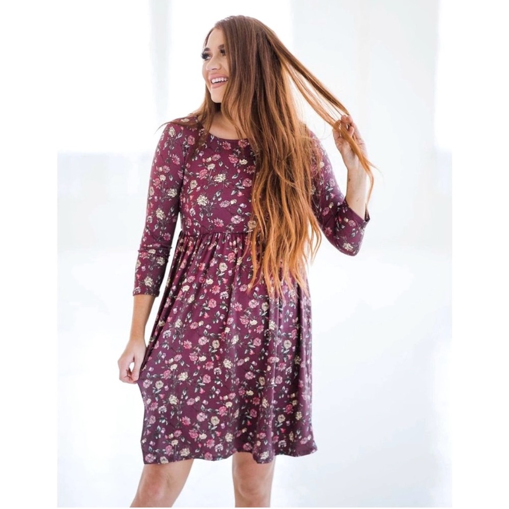 NWT P & Rose Maroon Floral Print Empire Waist Babydoll Dress size medium